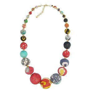 Fair Trade NWT Statement Necklace Graduated Beads Upcycled Kantha Fabric Boho